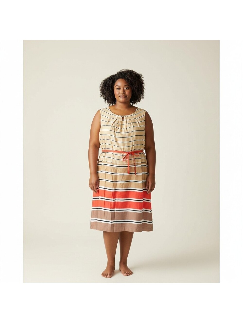 KSL Dress Women 16W Plus Beige Striped Sheath Midi Belted Zipper Cotton Casual
